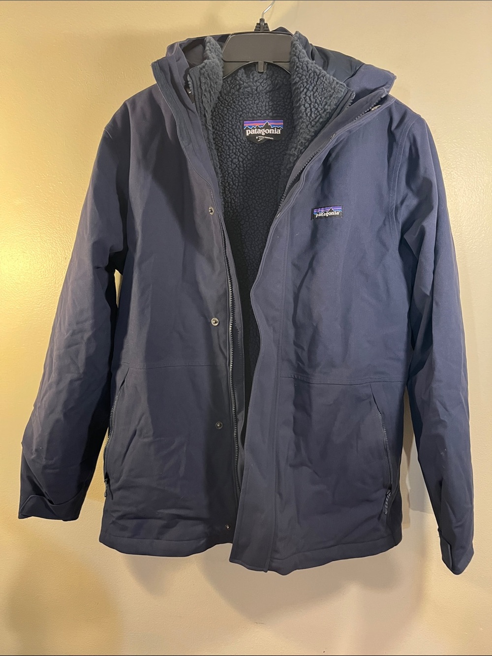 Patagonia Navy Hooded Sherpa-Lined Puffer Jacket